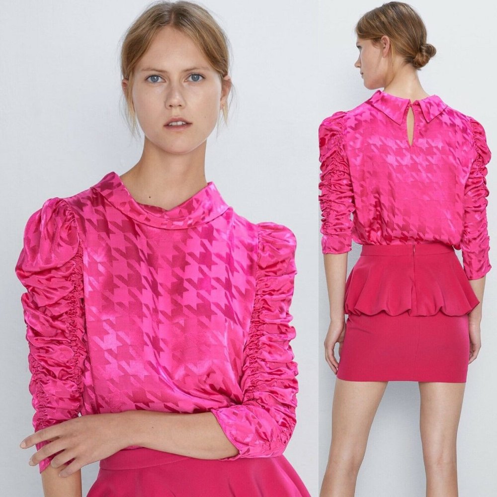Zara Satin Effect Jacquard 3/4 Sleeve Blouse Top Houndstooth Pink NWT.